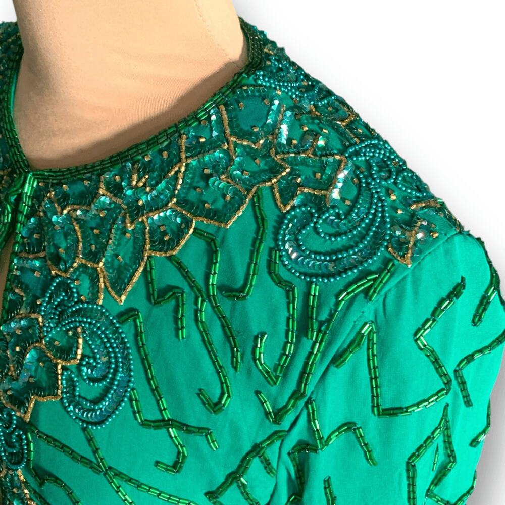 Vintage Razzle Dazzle Emerald Green Silk Beaded Open Front Evening Jacket - Picture 5 of 9